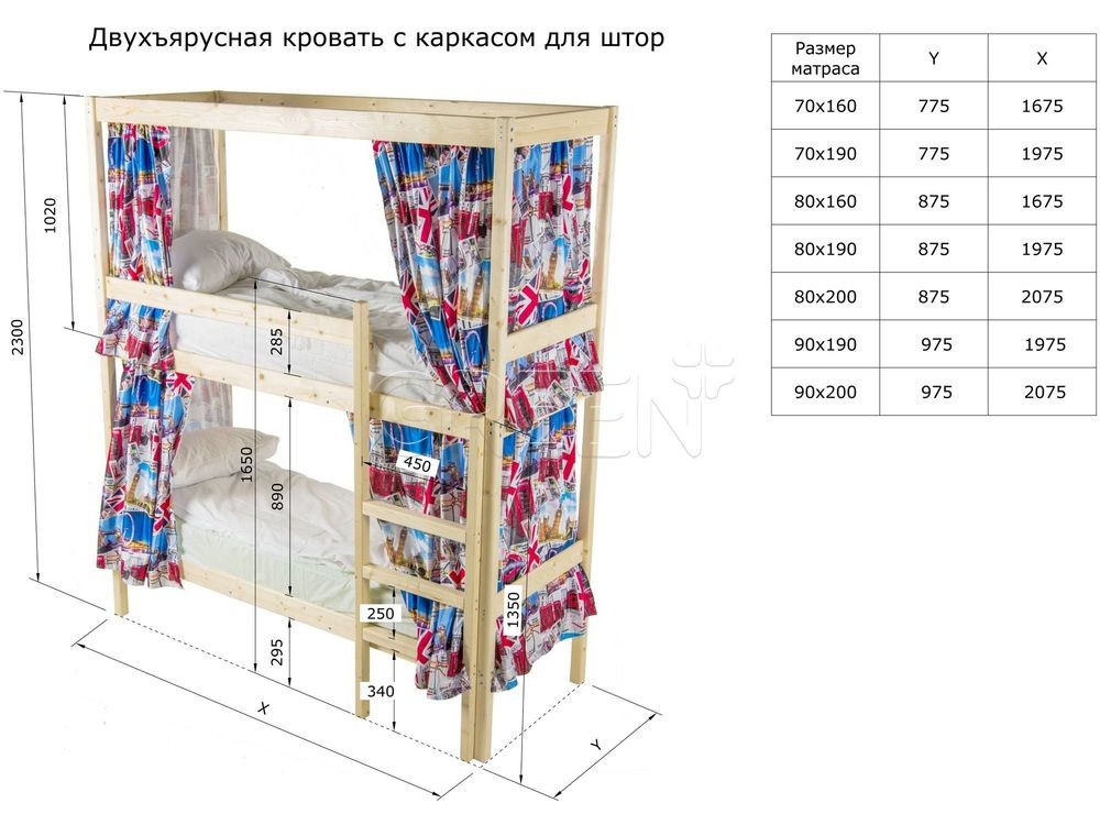 Кровать Green Mebel двухъярусная с каркасом для штор